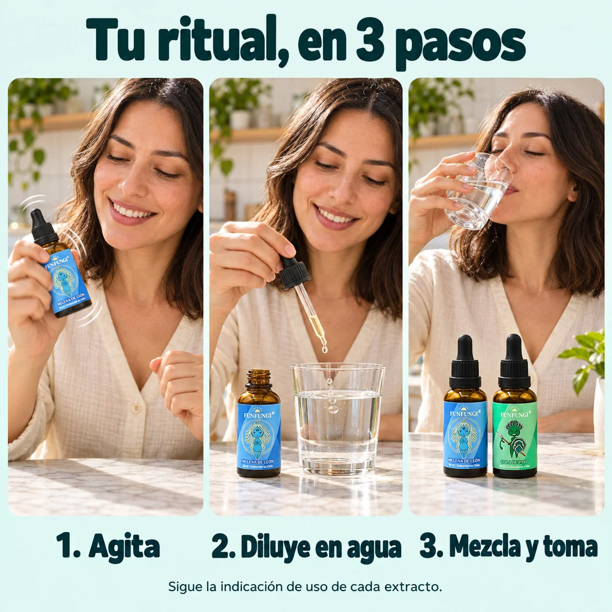 Uso de los extractos FunFungi en tres pasos: agitar Melena de León, diluir la porción en agua, mezclar y tomar. Sigue la indicación de cada extracto.
