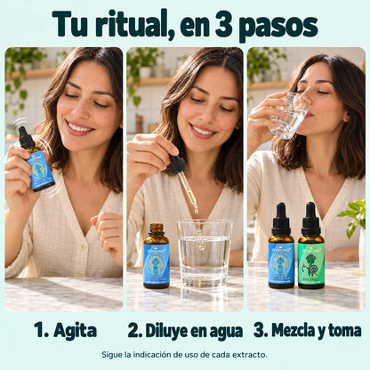 Uso de los extractos FunFungi en tres pasos: agitar Melena de León, diluir la porción en agua, mezclar y tomar. Sigue la indicación de cada extracto.