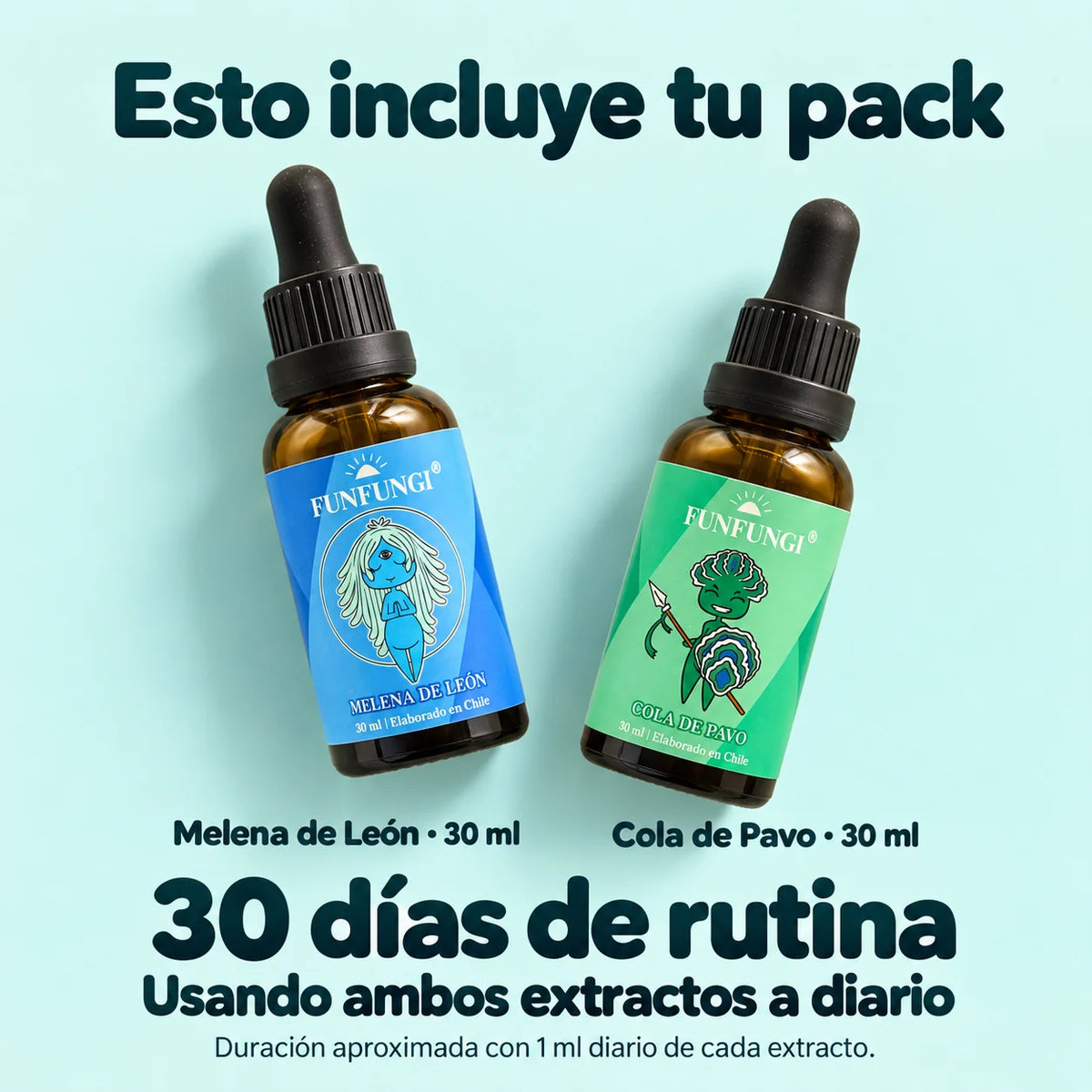 El pack incluye Melena de León y Cola de Pavo de 30 ml cada uno. Duración aproximada de 30 días usando 1 ml diario de cada extracto.