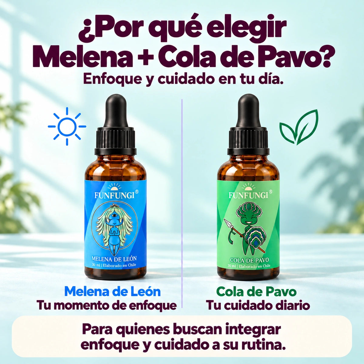 Por qué elegir el pack Melena de León y Cola de Pavo FunFungi: dos frascos de 30 ml sobre fondo aqua, con un mensaje de enfoque y cuidado diario.