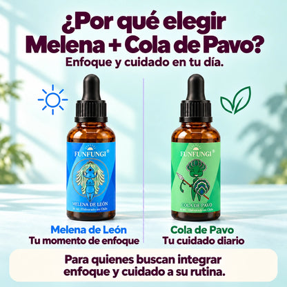 Por qué elegir el pack Melena de León y Cola de Pavo FunFungi: dos frascos de 30 ml sobre fondo aqua, con un mensaje de enfoque y cuidado diario.