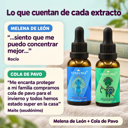 Testimonios separados: Rocío sobre concentración con Melena de León y Maite, seudónimo, sobre su experiencia familiar con Cola de Pavo, junto a ambos frascos FunFungi.