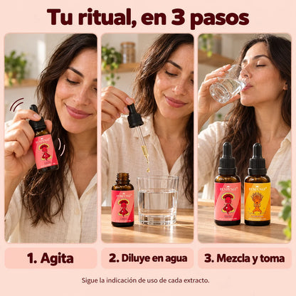 Uso de los extractos FunFungi en tres pasos: agitar Reishi, diluir la porción en agua, mezclar y tomar. Sigue la indicación de cada extracto.