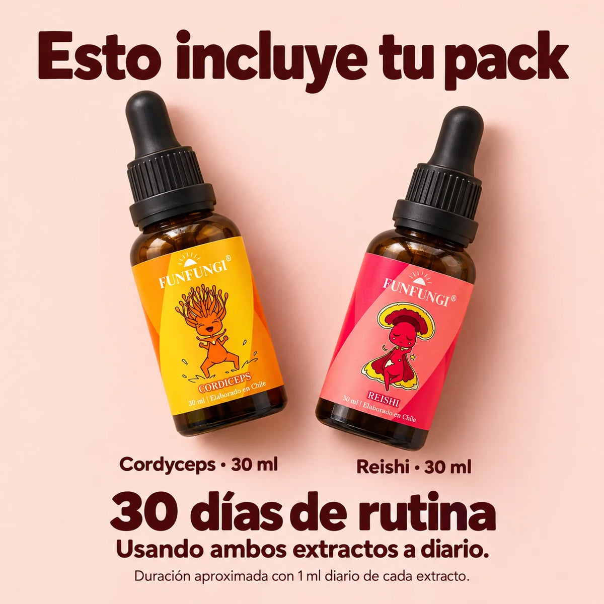 El pack incluye Cordyceps y Reishi de 30 ml cada uno. Duración aproximada de 30 días usando 1 ml diario de cada extracto.
