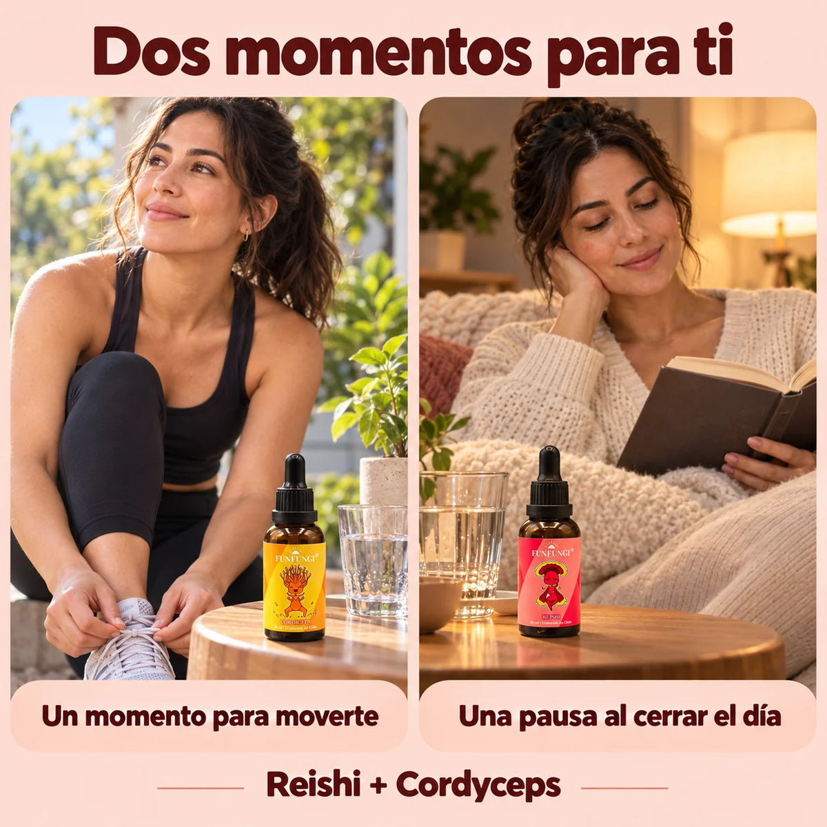 Cordyceps FunFungi junto a una mujer que se prepara para caminar y Reishi junto a su lectura al cerrar el día.