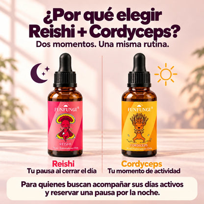 Por qué elegir el pack Reishi y Cordyceps FunFungi: dos frascos de 30 ml sobre fondo coral suave, para una rutina con días activos y una pausa nocturna.