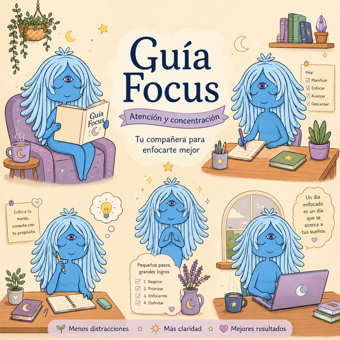 Portada de la Guía Focus FunFungi: guía práctica de atención y concentración con el personaje de Melena de León para enfocarte mejor cada día.