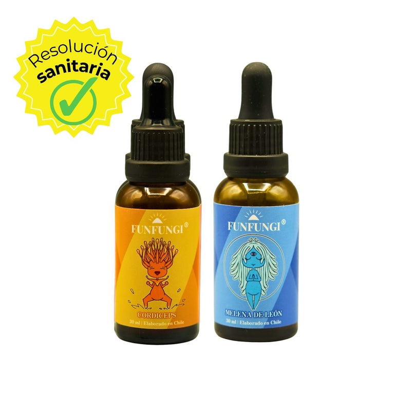Pack Vitalidad y Foco FunFungi en gotas: Cordyceps y Melena de León, dos frascos ámbar 30ml doble extracción con resolución sanitaria, elaborado en Chile.