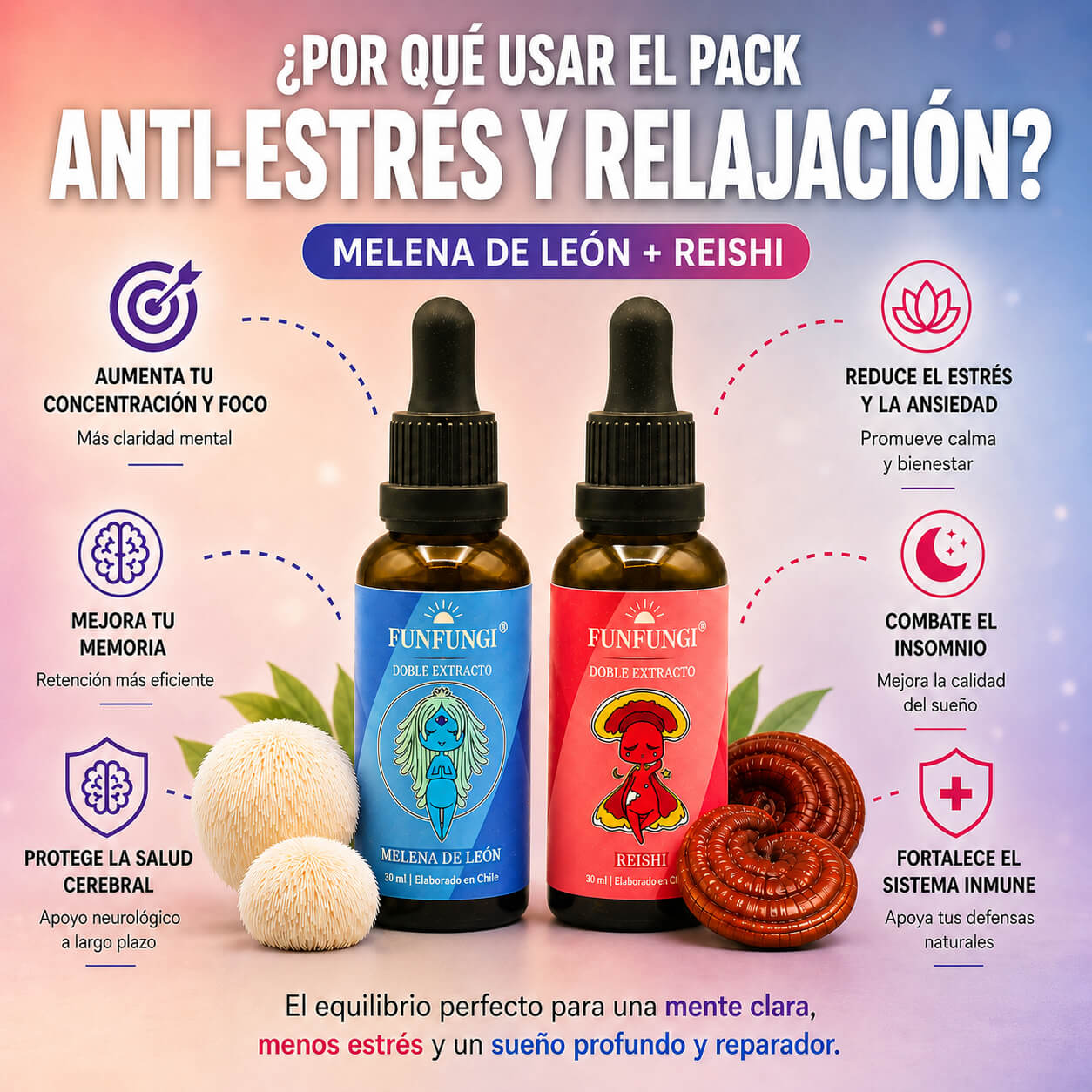 Pack Anti Estrés Melena de León y Reishi FunFungi en gotas: concentración, memoria, salud cerebral, menos estrés y mejor sueño.