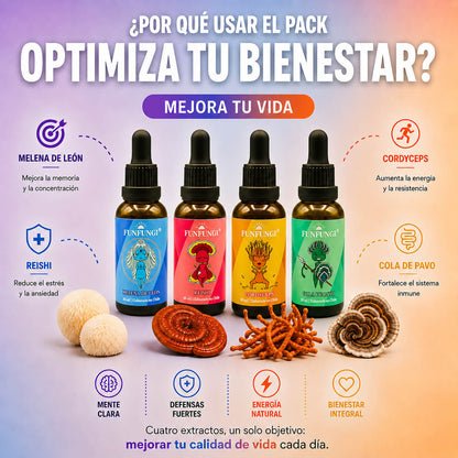 Pack 4 extractos FunFungi: Melena de León, Reishi, Cordyceps y Cola de Pavo para mente clara, defensas, energía y bienestar.