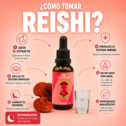 Cómo tomar el Reishi FunFungi en gotas: agita el frasco y añade 30 gotas en un vaso con agua o tu bebida preferida.