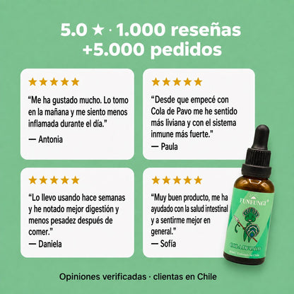 Reseñas de clientas sobre el extracto de Cola de Pavo FunFungi: 5.0 estrellas, más de 1.000 opiniones verificadas sobre mejor digestión y sistema inmune.