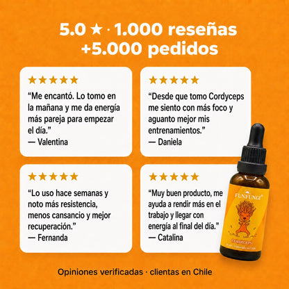 Reseñas de clientas sobre el extracto de Cordyceps FunFungi: 5.0 estrellas, más de 1.000 opiniones verificadas sobre más energía y mejor rendimiento.
