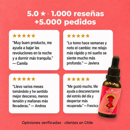Reseñas de clientas sobre el extracto de Reishi FunFungi: 5.0 estrellas, más de 1.000 opiniones verificadas sobre mejor descanso y menos estrés.