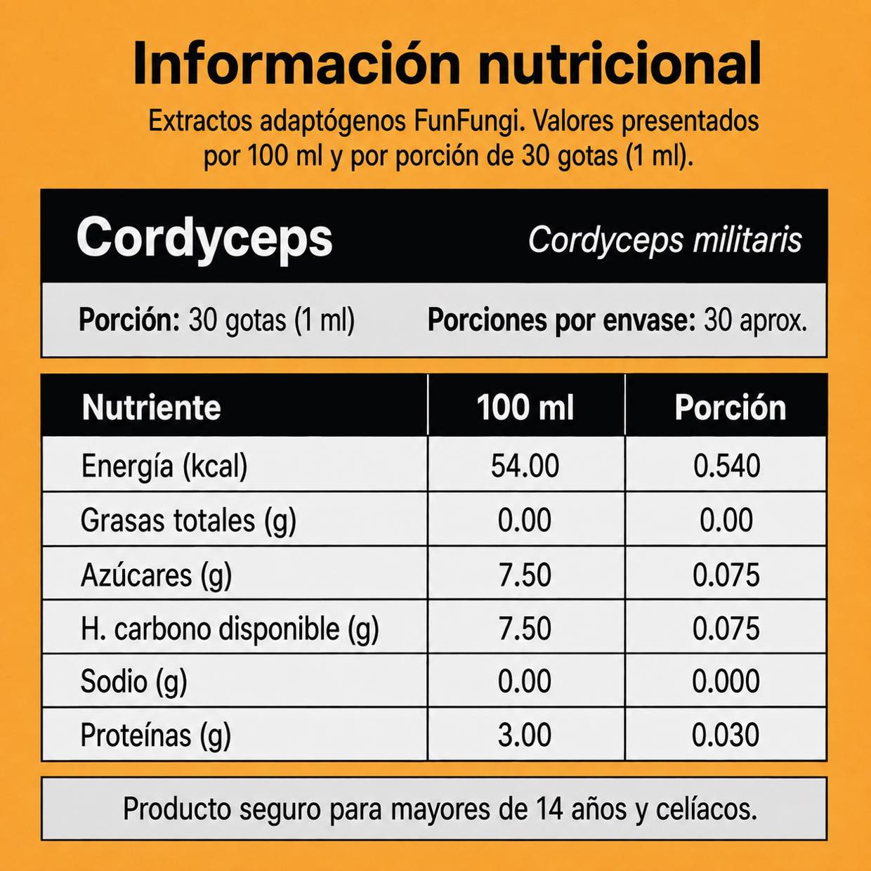 Tabla de información nutricional del extracto de Cordyceps militaris FunFungi: energía, azúcares, carbohidratos, sodio y proteínas por 100 ml y por porción de 30 gotas (1 ml).