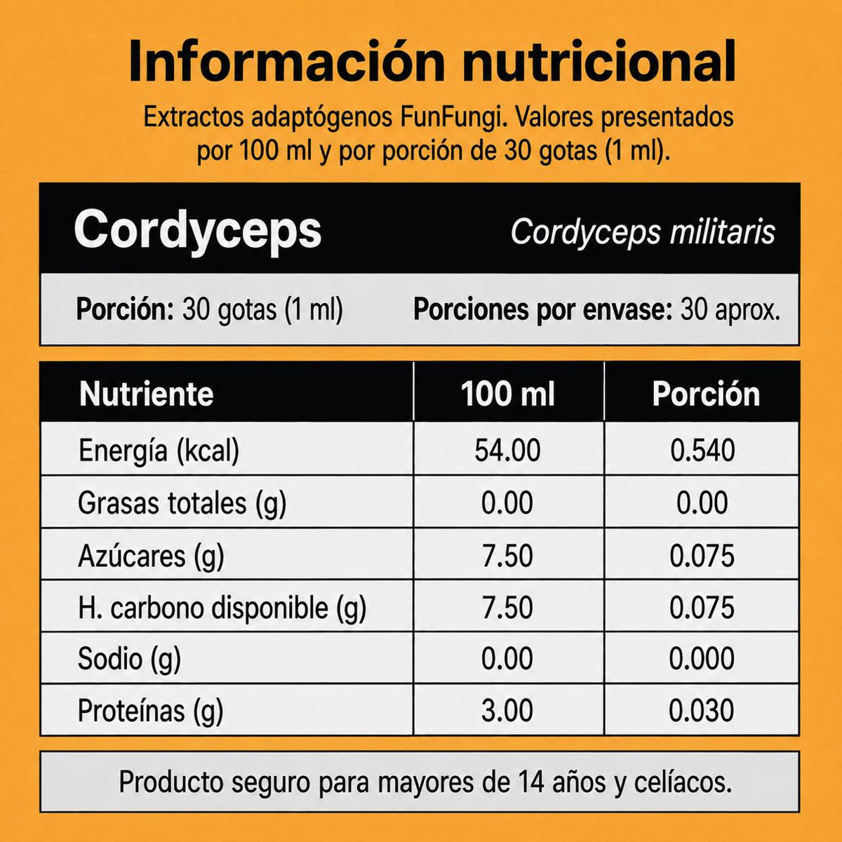 Tabla de información nutricional del extracto de Cordyceps militaris FunFungi: energía, azúcares, carbohidratos, sodio y proteínas por 100 ml y por porción de 30 gotas (1 ml).
