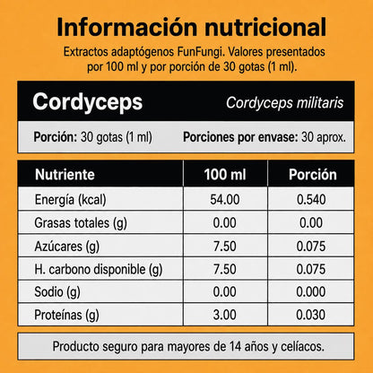 Tabla de información nutricional del extracto de Cordyceps militaris FunFungi: energía, azúcares, carbohidratos, sodio y proteínas por 100 ml y por porción de 30 gotas (1 ml).
