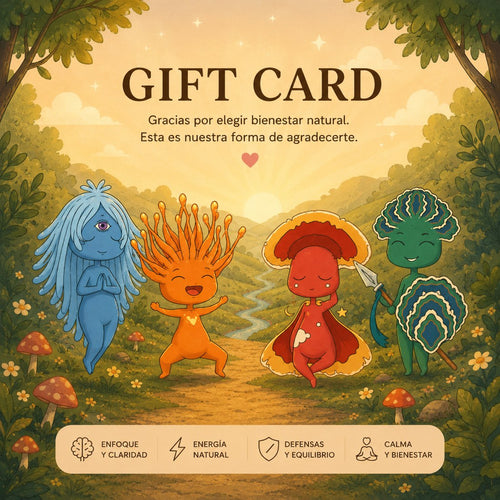 Tarjeta de regalo FunFungi: gift card para regalar bienestar natural con los extractos de Melena de León, Cordyceps, Reishi y Cola de Pavo.
