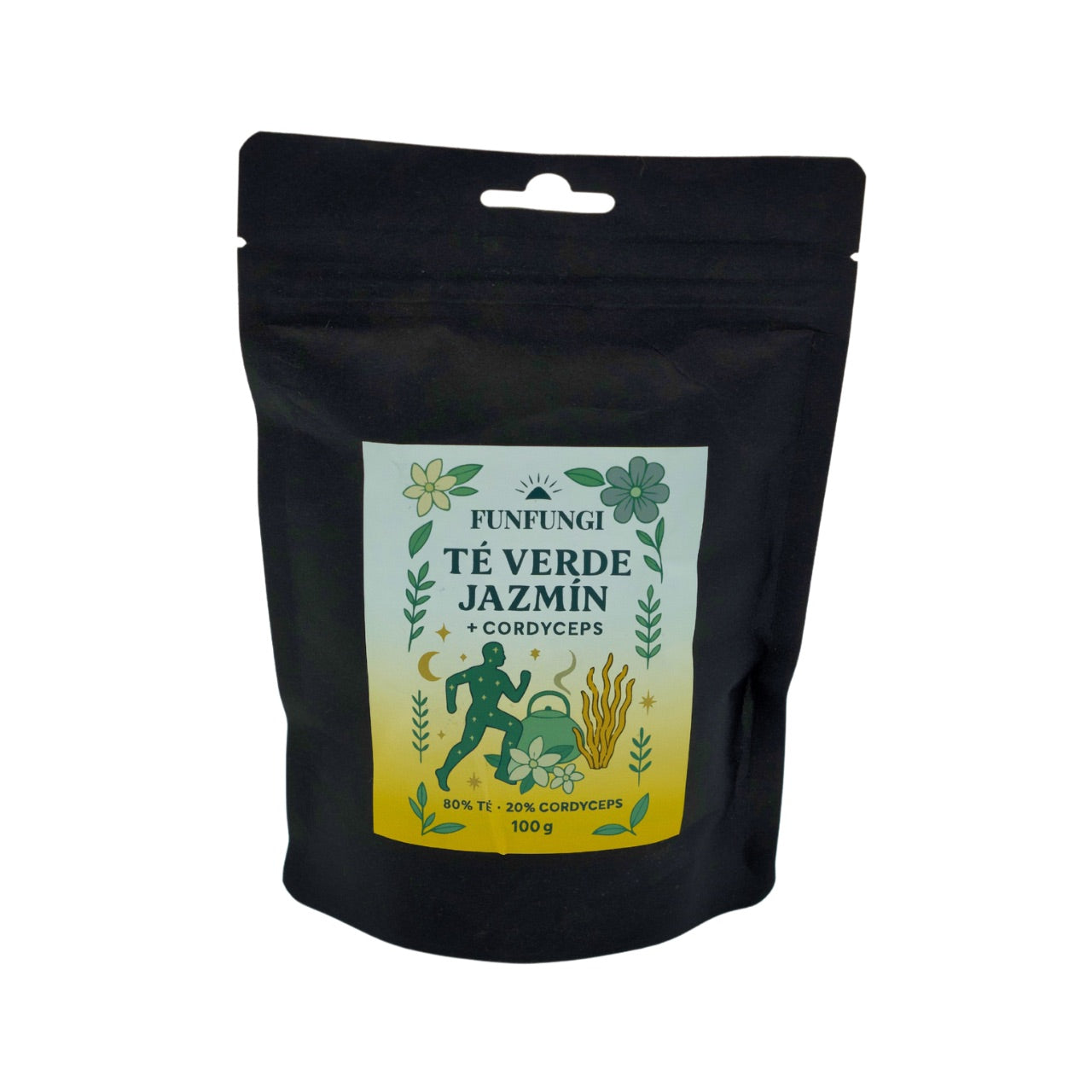 Té Verde con Jazmín y Cordyceps FunFungi, bolsa negra 100g, 80% té verde y 20% Cordyceps militaris, elaborado en Chile.