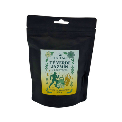 Té Verde con Jazmín y Cordyceps FunFungi, bolsa negra 100g, 80% té verde y 20% Cordyceps militaris, elaborado en Chile.