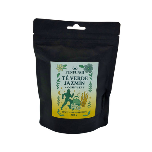 Té Verde con Jazmín y Cordyceps FunFungi, bolsa negra 100g, 80% té verde y 20% Cordyceps militaris, elaborado en Chile.